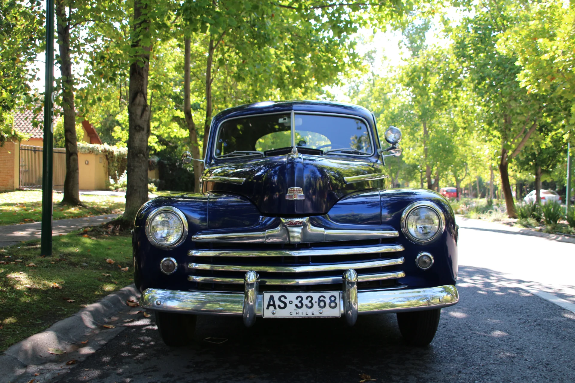 Vista frontal centrada del Ford Super Deluxe 1947 en calle arbolada